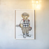 Teddy Bear Golf by Leslie Trimbach. shown as a paper print in a white frame. Available as a archival giclee rolled canvas, fine art paper, or poster print. SKU 94174h.