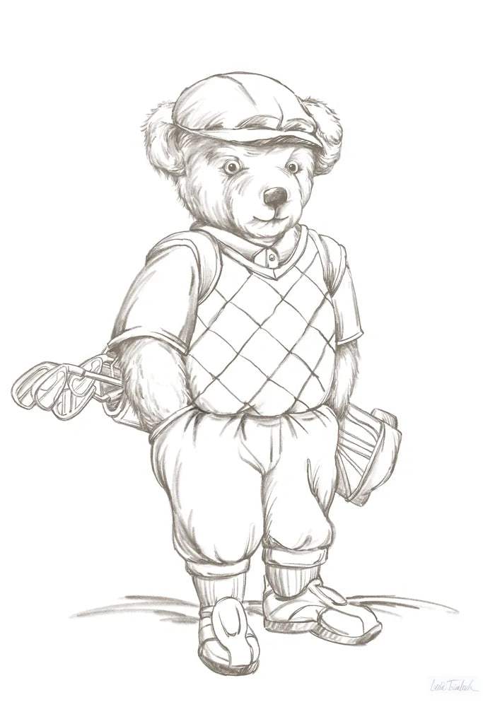 Teddy Bear Golf Sketch by Leslie Trimbach. SKU 94175h. Archival Giclee Fine art print for wall decor.