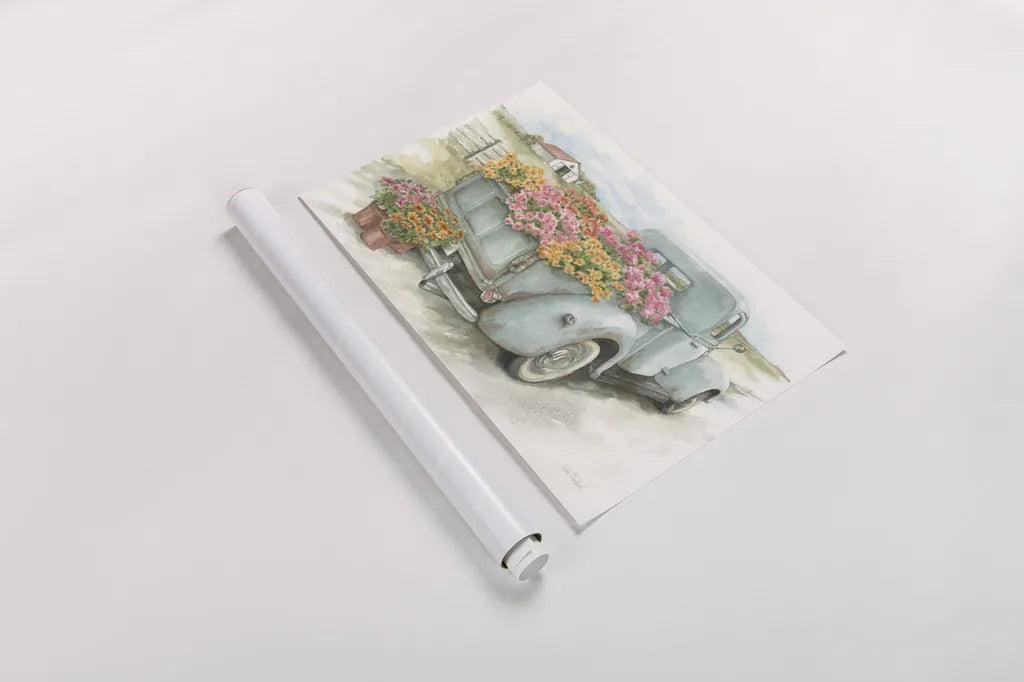 Truck with Flowers by Leslie Trimbach. shown as a rolled paper print. Available as archival giclee rolled canvas, fine art paper, or poster print. SKU 84630i.