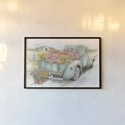 Truck with Flowers by Leslie Trimbach. shown as a paper print in a black flame. Available as a archival giclee rolled canvas, fine art paper, or poster print. SKU 84630i.