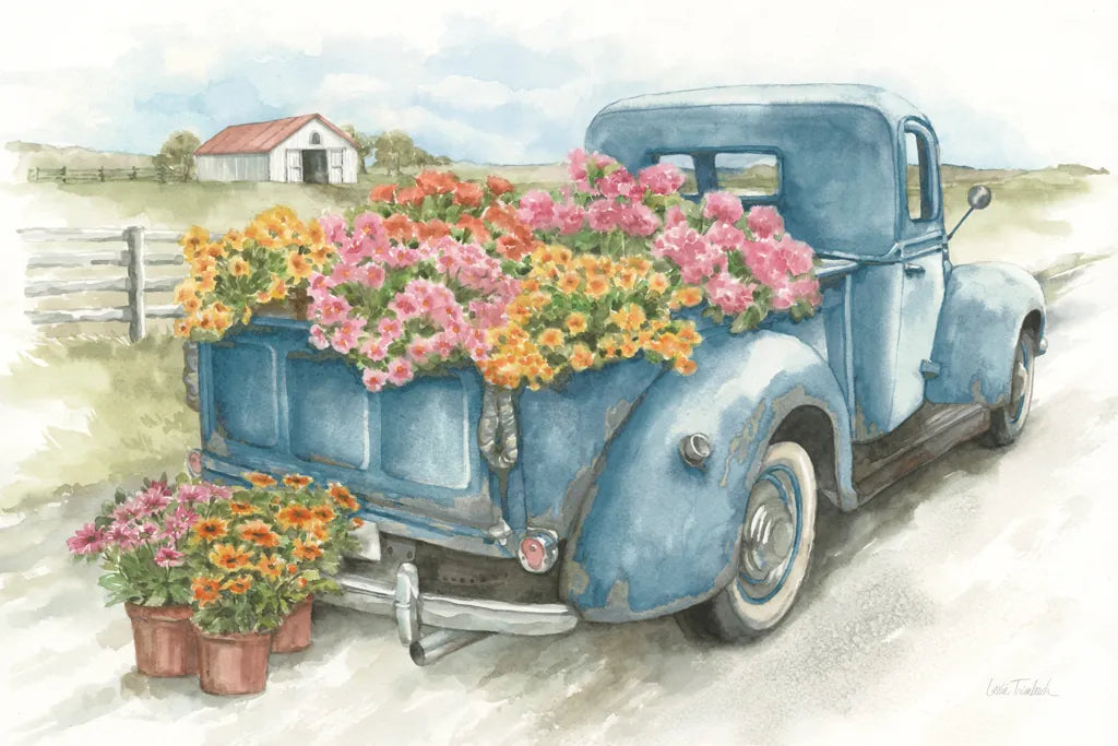 Truck with Flowers on Blue by Leslie Trimbach. SKU 86547i. Archival Giclee Fine art print for wall decor.