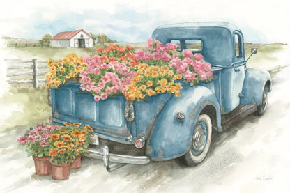 Truck with Flowers on Blue by Leslie Trimbach. SKU 86547i. Archival Giclee Fine art print for wall decor.