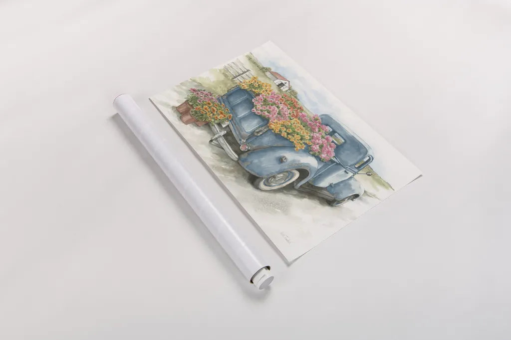 Truck with Flowers on Blue by Leslie Trimbach. shown as a rolled paper print. Available as archival giclee rolled canvas, fine art paper, or poster print. SKU 86547i.