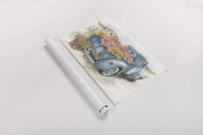 Truck with Flowers on Blue by Leslie Trimbach. shown as a rolled paper print. Available as archival giclee rolled canvas, fine art paper, or poster print. SKU 86547i.