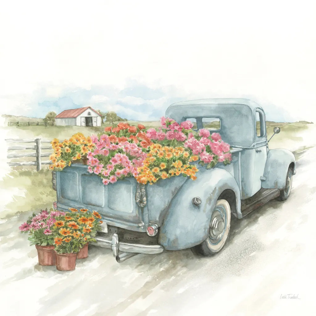 Truck with Flowers on Blue Sq by Leslie Trimbach. SKU 86877a. Archival Giclee Fine art print for wall decor.