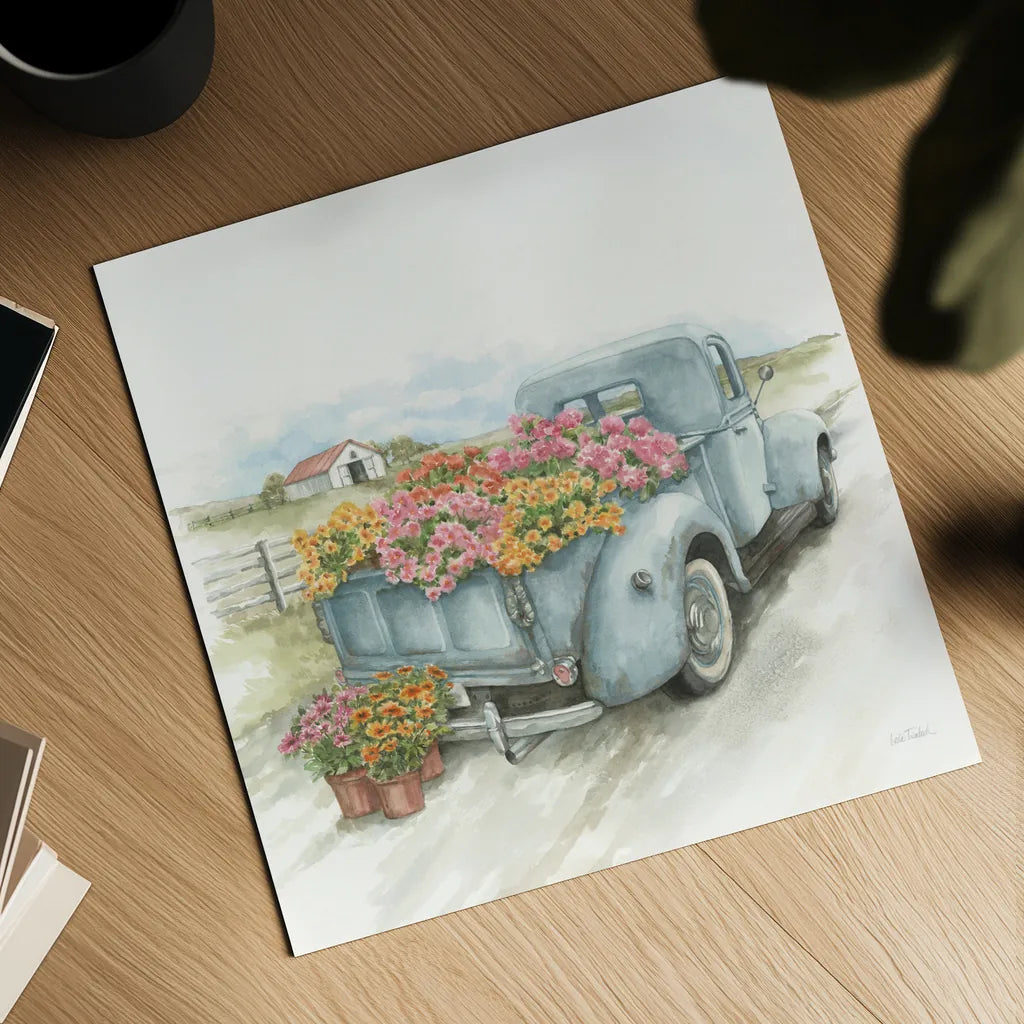 Truck with Flowers on Blue Sq by Leslie Trimbach. Shown as a detailed flat fine art print, highlighting archival giclee quality. Available as an archival giclee rolled canvas, fine art paper, or poster print. SKU 86877a.