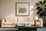 Truck with Flowers on Blue Sq by Leslie Trimbach. Displayed in a glass frame with matte in a clean modern living room. Available as an archival giclee rolled canvas, fine art paper, or poster print. SKU 86877a.