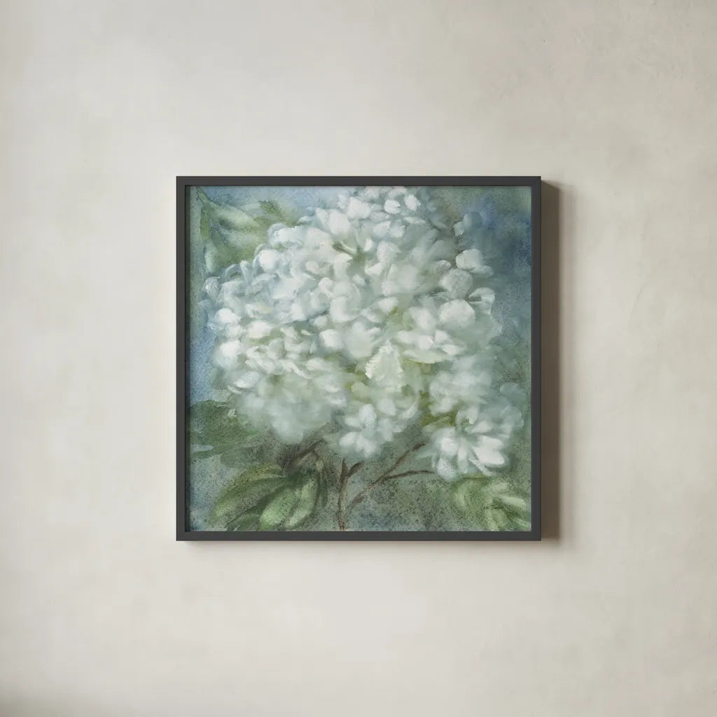 Twilight Hydrangea by Leslie Trimbach. Shown in a sleek black glass frame for a contemporary gallery look. Available as an archival giclee rolled canvas, fine art paper, or poster print. SKU 91169a.