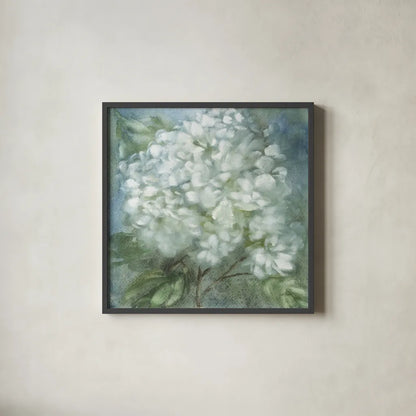 Twilight Hydrangea by Leslie Trimbach. Shown in a sleek black glass frame for a contemporary gallery look. Available as an archival giclee rolled canvas, fine art paper, or poster print. SKU 91169a.