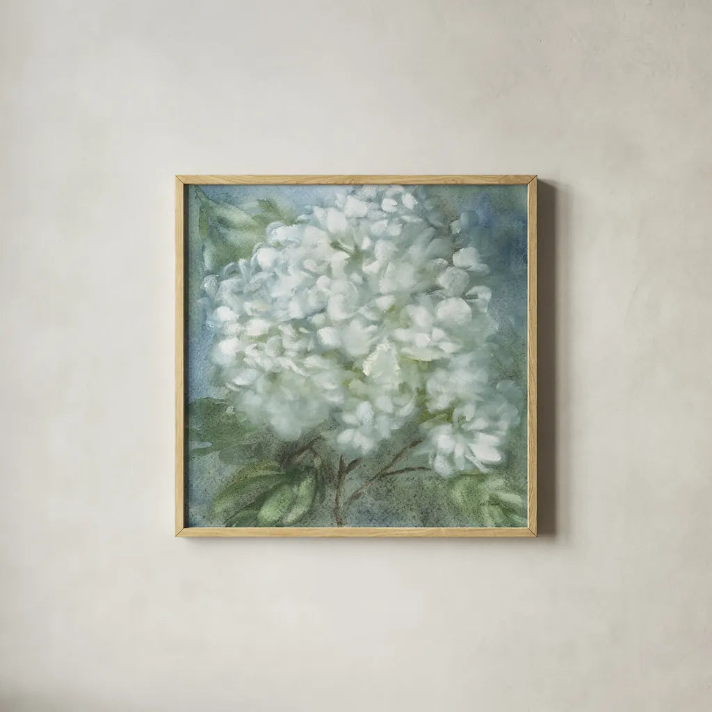 Twilight Hydrangea by Leslie Trimbach. Shown in a natural wood glass frame for a timeless modern aesthetic. Available as an archival giclee rolled canvas, fine art paper, or poster print. SKU 91169a.