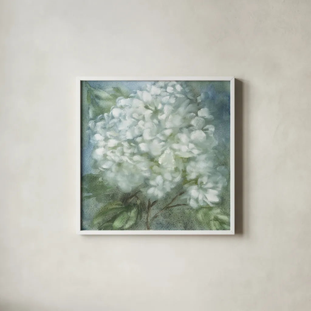 Twilight Hydrangea by Leslie Trimbach. Shown in a crisp white glass frame for a clean and minimalist style. Available as an archival giclee rolled canvas, fine art paper, or poster print. SKU 91169a.