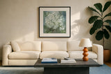 Twilight Hydrangea by Leslie Trimbach. Displayed in a glass frame with matte in a clean modern living room. Available as an archival giclee rolled canvas, fine art paper, or poster print. SKU 91169a.