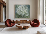 Twilight Hydrangea by Leslie Trimbach. Shown as extra-large giant wall art in a modern living room. Available as an archival giclee rolled canvas, fine art paper, or poster print. SKU 91169a.