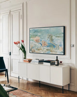 Under Sea Life II by Leslie Trimbach. shown as a framed stretched canvas in a living room above a console. Available as a archival giclee rolled canvas, fine art paper, or poster print. SKU 85638i.
