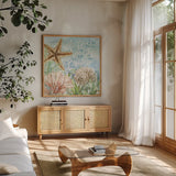 Under Sea Life VI by Leslie Trimbach. Shown in a natural wood frame in a cozy modern living room. Available as an archival giclee rolled canvas, fine art paper, or poster print. SKU 85642a.
