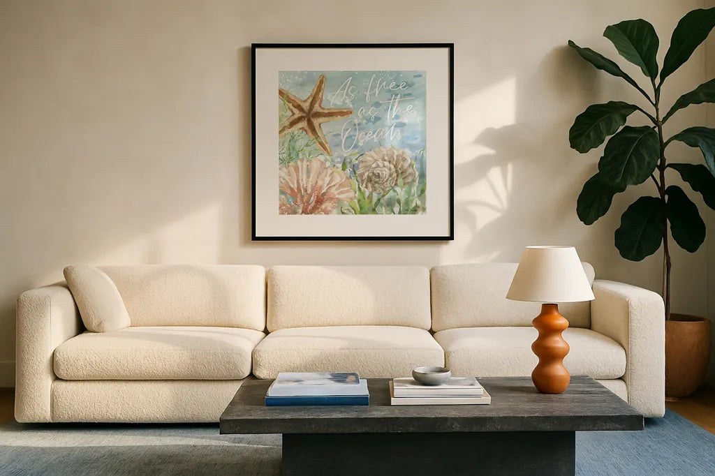 Under Sea Life VI by Leslie Trimbach. Displayed in a glass frame with matte in a clean modern living room. Available as an archival giclee rolled canvas, fine art paper, or poster print. SKU 85642a.