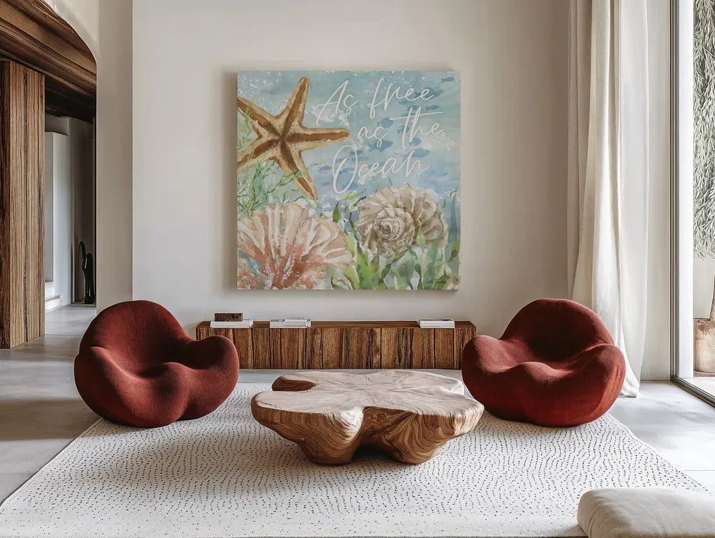 Under Sea Life VI by Leslie Trimbach. Shown as extra-large giant wall art in a modern living room. Available as an archival giclee rolled canvas, fine art paper, or poster print. SKU 85642a.