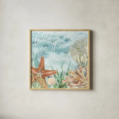 Under Sea Life VII by Leslie Trimbach. Shown in a natural wood glass frame for a timeless modern aesthetic. Available as an archival giclee rolled canvas, fine art paper, or poster print. SKU 85643a.