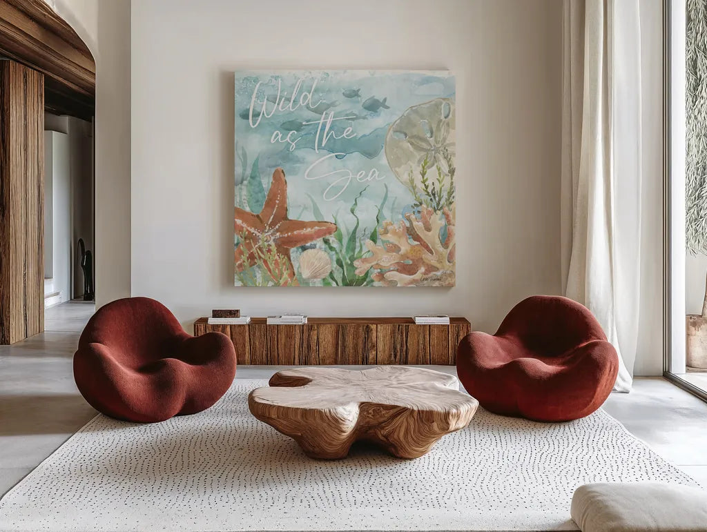 Under Sea Life VII by Leslie Trimbach. Shown as extra-large giant wall art in a modern living room. Available as an archival giclee rolled canvas, fine art paper, or poster print. SKU 85643a.