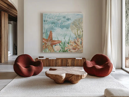 Under Sea Life VII by Leslie Trimbach. Shown as extra-large giant wall art in a modern living room. Available as an archival giclee rolled canvas, fine art paper, or poster print. SKU 85643a.