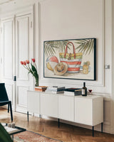 Vintage Summer I by Leslie Trimbach. shown as a framed stretched canvas in a living room above a console. Available as a archival giclee rolled canvas, fine art paper, or poster print. SKU 94438i.