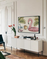 Vintage Summer II by Leslie Trimbach. shown as a framed stretched canvas in a living room above a console. Available as a archival giclee rolled canvas, fine art paper, or poster print. SKU 94439i.
