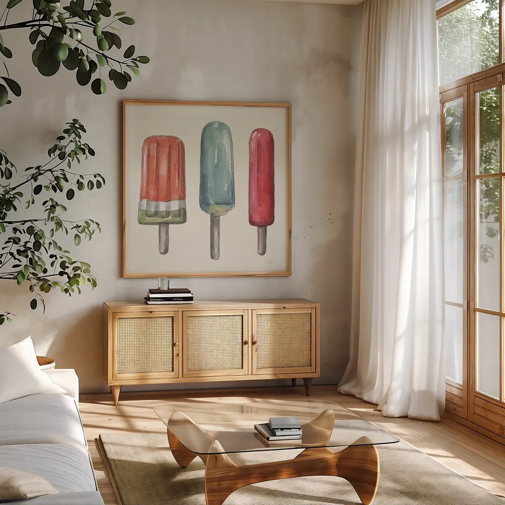 Vintage Summer V by Leslie Trimbach. Shown in a natural wood frame in a cozy modern living room. Available as an archival giclee rolled canvas, fine art paper, or poster print. SKU 94442a.