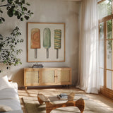 Vintage Summer VI by Leslie Trimbach. Shown in a natural wood frame in a cozy modern living room. Available as an archival giclee rolled canvas, fine art paper, or poster print. SKU 94443a.