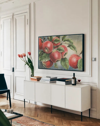Wild Apples by Leslie Trimbach. shown as a framed stretched canvas in a living room above a console. Available as a archival giclee rolled canvas, fine art paper, or poster print. SKU 93401i.