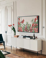 Winterberry I by Leslie Trimbach. shown as a framed stretched canvas in a living room above a console. Available as a archival giclee rolled canvas, fine art paper, or poster print. SKU 104650i.