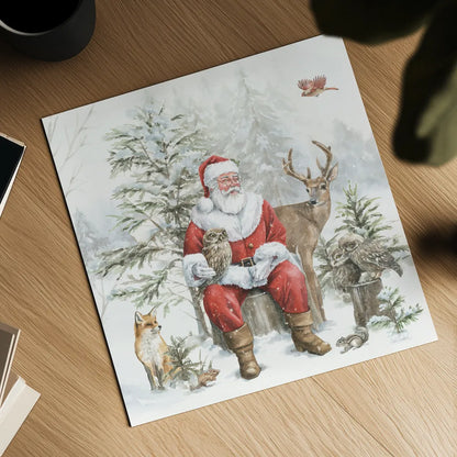 Woodland Santa II by Leslie Trimbach. Shown as a detailed flat fine art print, highlighting archival giclee quality. Available as an archival giclee rolled canvas, fine art paper, or poster print. SKU 92379a.