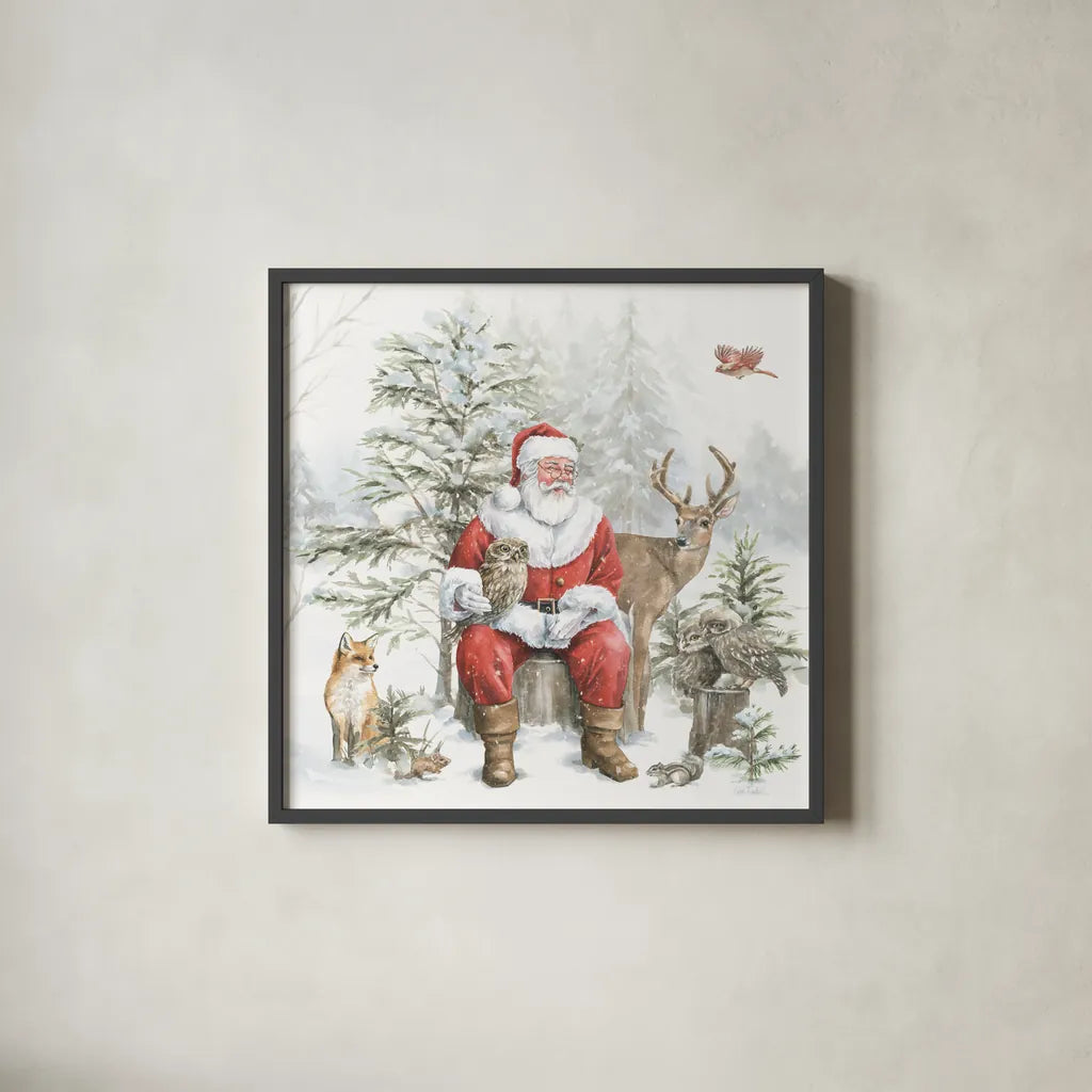 Woodland Santa II by Leslie Trimbach. Shown in a sleek black glass frame for a contemporary gallery look. Available as an archival giclee rolled canvas, fine art paper, or poster print. SKU 92379a.