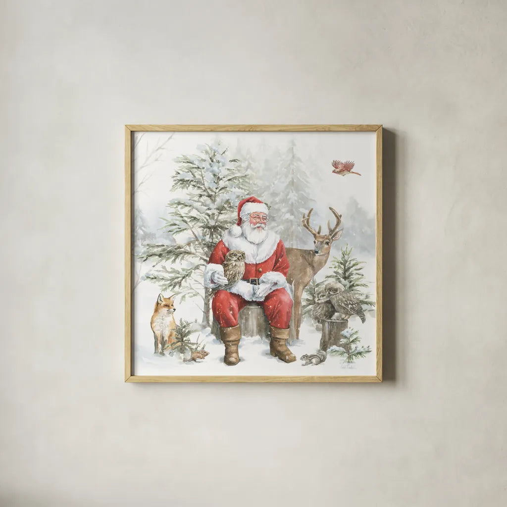 Woodland Santa II by Leslie Trimbach. Shown in a natural wood glass frame for a timeless modern aesthetic. Available as an archival giclee rolled canvas, fine art paper, or poster print. SKU 92379a.