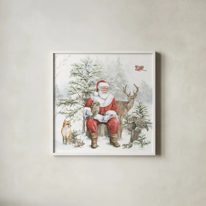Woodland Santa II by Leslie Trimbach. Shown in a crisp white glass frame for a clean and minimalist style. Available as an archival giclee rolled canvas, fine art paper, or poster print. SKU 92379a.