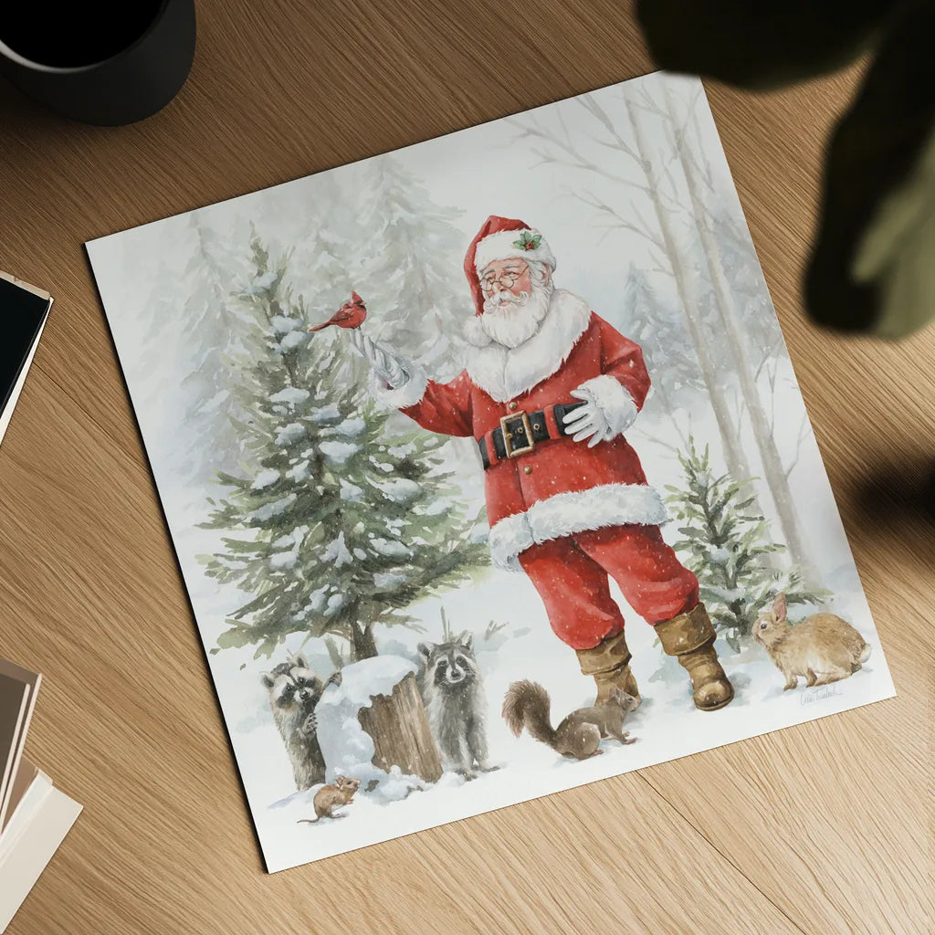 Woodland Santa III by Leslie Trimbach. Shown as a detailed flat fine art print, highlighting archival giclee quality. Available as an archival giclee rolled canvas, fine art paper, or poster print. SKU 92380a.