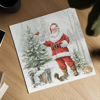 Woodland Santa III by Leslie Trimbach. Shown as a detailed flat fine art print, highlighting archival giclee quality. Available as an archival giclee rolled canvas, fine art paper, or poster print. SKU 92380a.
