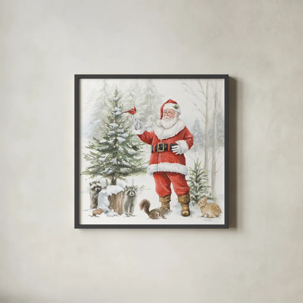 Woodland Santa III by Leslie Trimbach. Shown in a sleek black glass frame for a contemporary gallery look. Available as an archival giclee rolled canvas, fine art paper, or poster print. SKU 92380a.