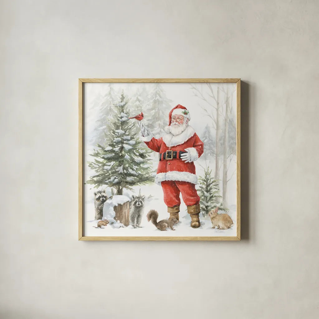 Woodland Santa III by Leslie Trimbach. Shown in a natural wood glass frame for a timeless modern aesthetic. Available as an archival giclee rolled canvas, fine art paper, or poster print. SKU 92380a.