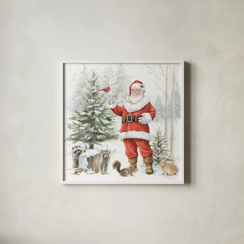 Woodland Santa III by Leslie Trimbach. Shown in a crisp white glass frame for a clean and minimalist style. Available as an archival giclee rolled canvas, fine art paper, or poster print. SKU 92380a.