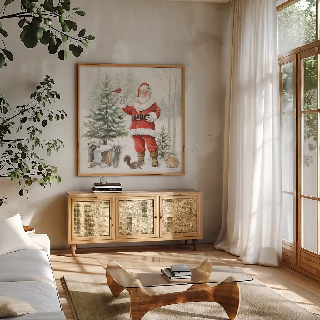 Woodland Santa III by Leslie Trimbach. Shown in a natural wood frame in a cozy modern living room. Available as an archival giclee rolled canvas, fine art paper, or poster print. SKU 92380a.