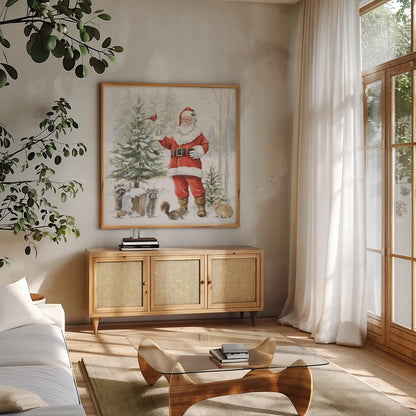 Woodland Santa III by Leslie Trimbach. Shown in a natural wood frame in a cozy modern living room. Available as an archival giclee rolled canvas, fine art paper, or poster print. SKU 92380a.