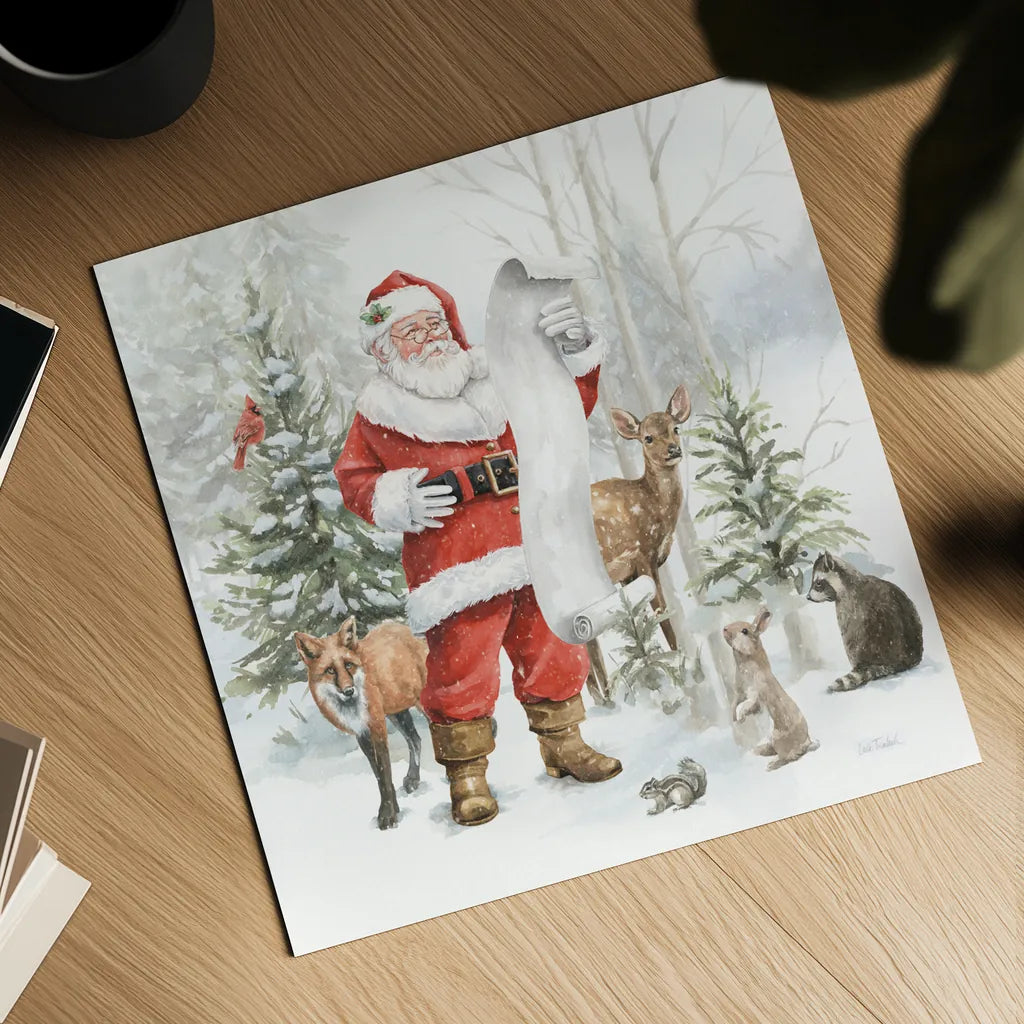 Woodland Santa IV by Leslie Trimbach. Shown as a detailed flat fine art print, highlighting archival giclee quality. Available as an archival giclee rolled canvas, fine art paper, or poster print. SKU 92381a.