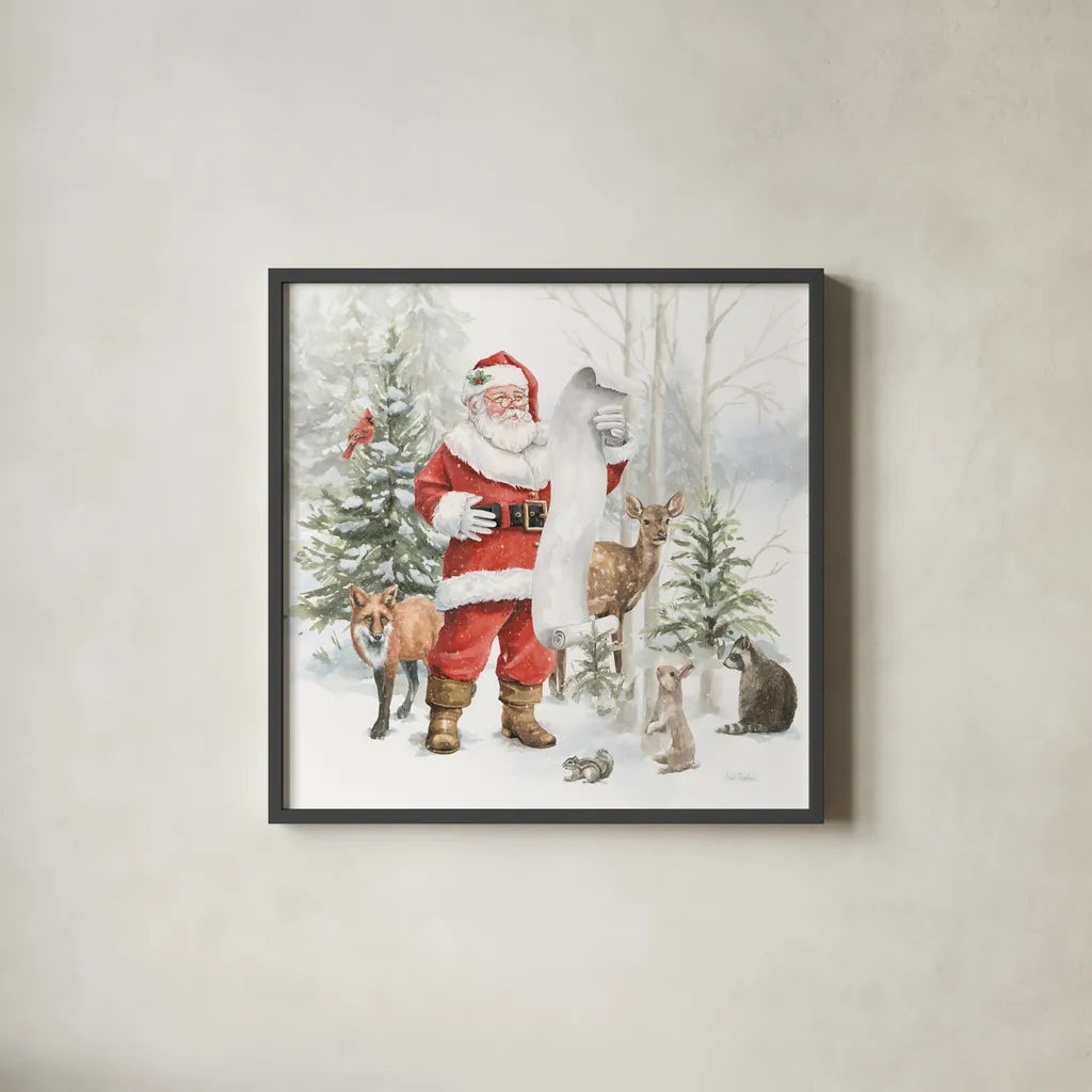 Woodland Santa IV by Leslie Trimbach. Shown in a sleek black glass frame for a contemporary gallery look. Available as an archival giclee rolled canvas, fine art paper, or poster print. SKU 92381a.