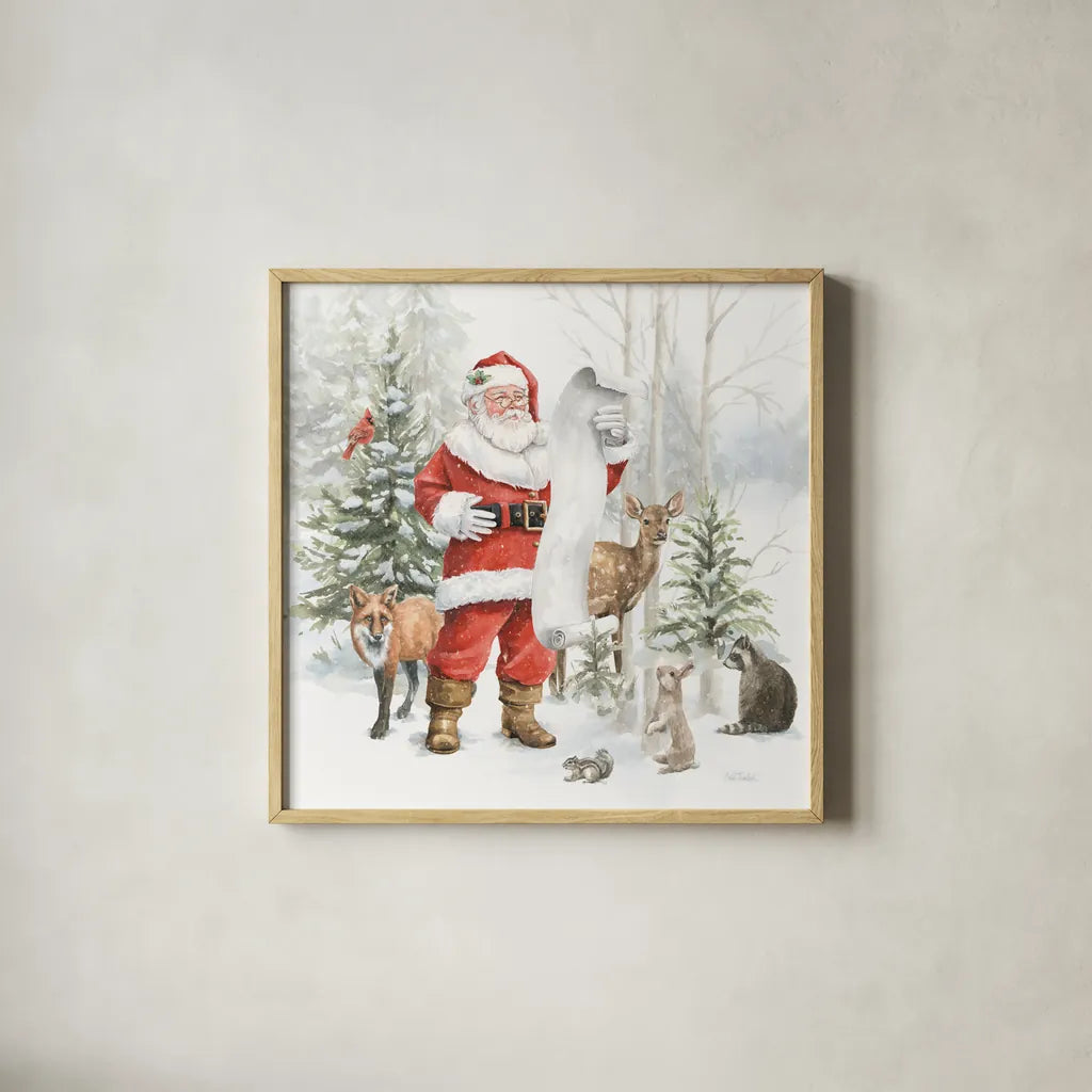 Woodland Santa IV by Leslie Trimbach. Shown in a natural wood glass frame for a timeless modern aesthetic. Available as an archival giclee rolled canvas, fine art paper, or poster print. SKU 92381a.