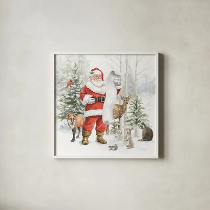 Woodland Santa IV by Leslie Trimbach. Shown in a crisp white glass frame for a clean and minimalist style. Available as an archival giclee rolled canvas, fine art paper, or poster print. SKU 92381a.