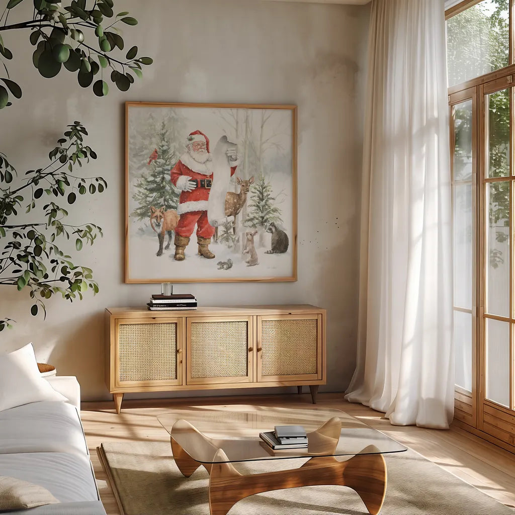 Woodland Santa IV by Leslie Trimbach. Shown in a natural wood frame in a cozy modern living room. Available as an archival giclee rolled canvas, fine art paper, or poster print. SKU 92381a.