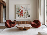 Woodland Santa IV by Leslie Trimbach. Shown as extra-large giant wall art in a modern living room. Available as an archival giclee rolled canvas, fine art paper, or poster print. SKU 92381a.