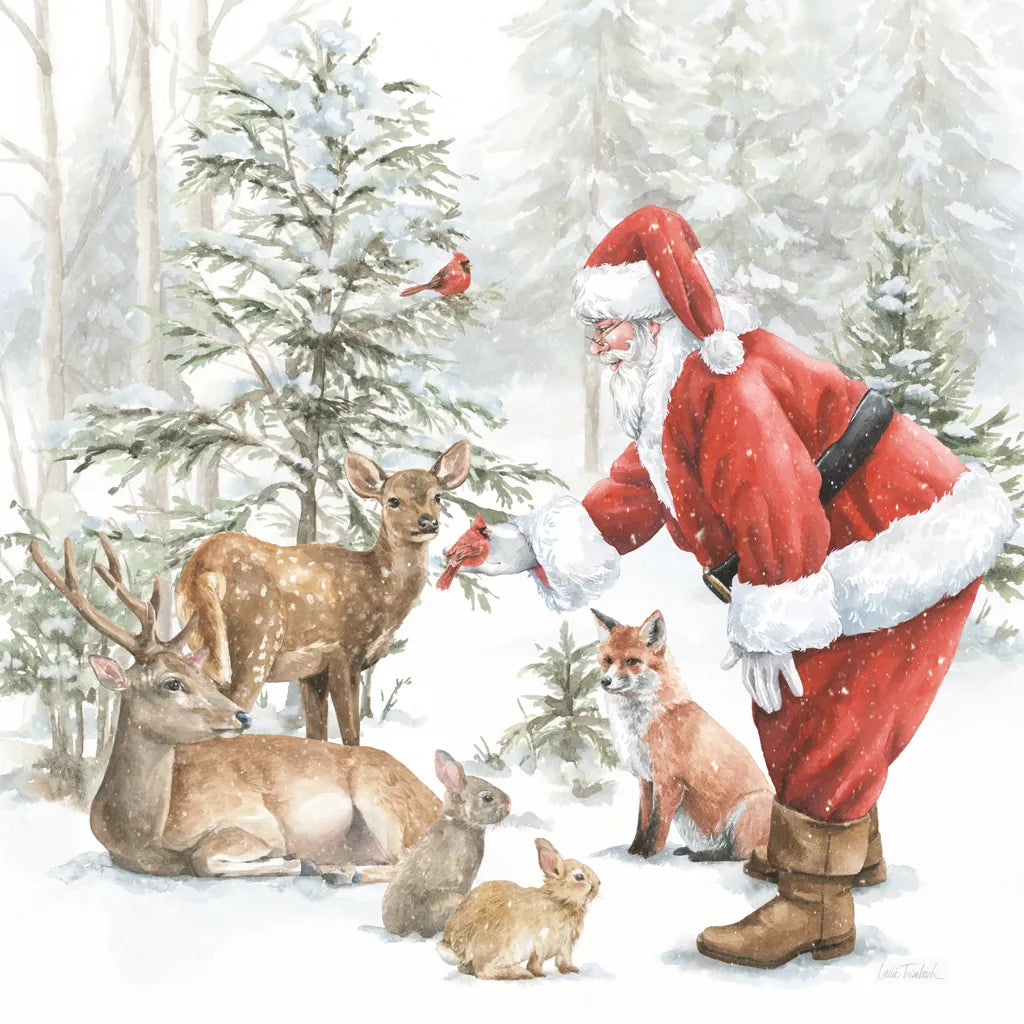 Woodland Santa V by Leslie Trimbach. SKU 92382a. Archival Giclee Fine art print for wall decor.
