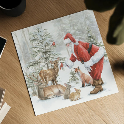 Woodland Santa V by Leslie Trimbach. Shown as a detailed flat fine art print, highlighting archival giclee quality. Available as an archival giclee rolled canvas, fine art paper, or poster print. SKU 92382a.