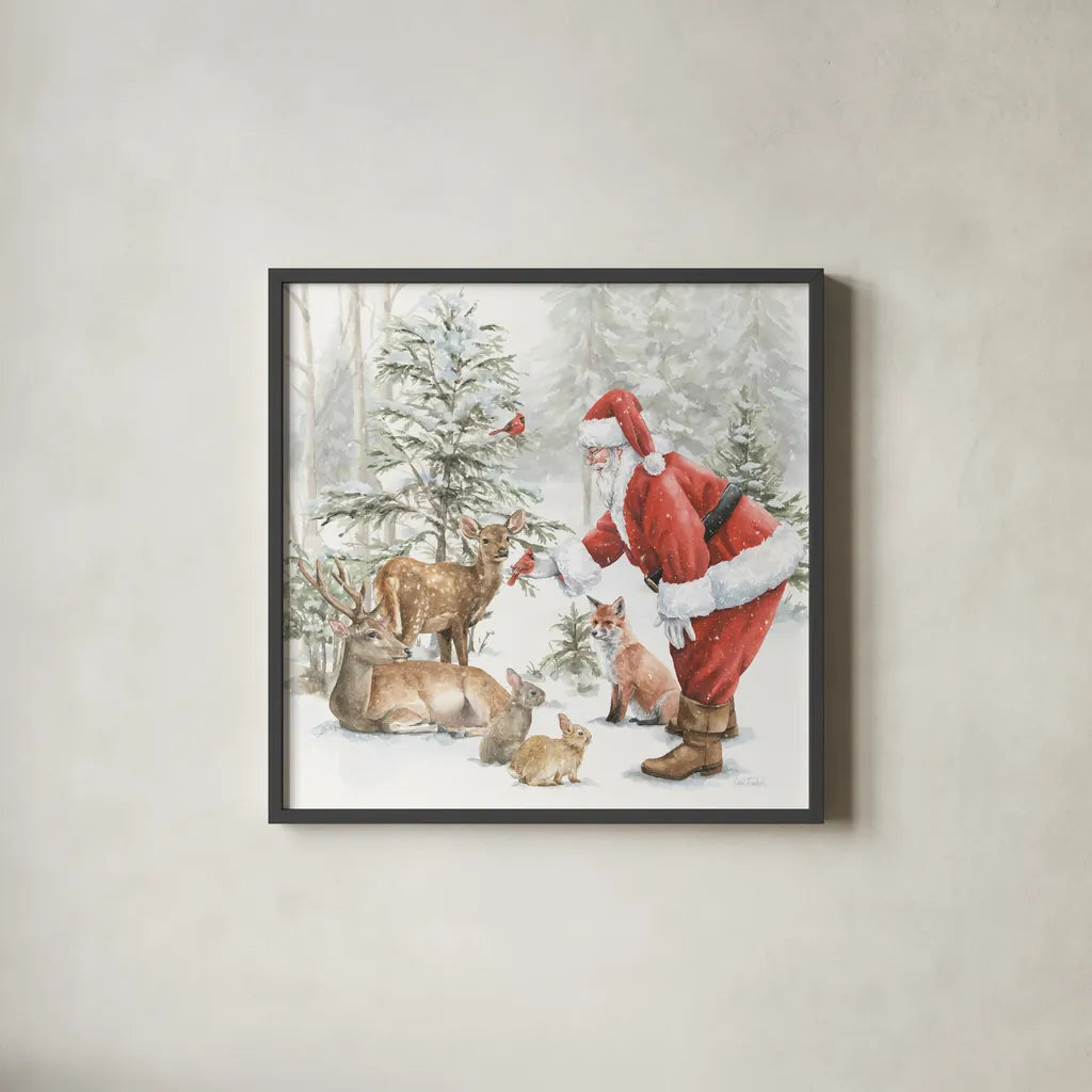 Woodland Santa V by Leslie Trimbach. Shown in a sleek black glass frame for a contemporary gallery look. Available as an archival giclee rolled canvas, fine art paper, or poster print. SKU 92382a.